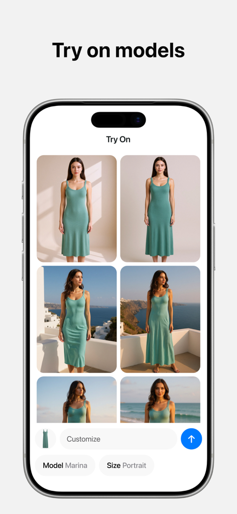 Interfaz de la aplicación Pixelcut IA mostrando la función de modelos para probarse ropa para vendedores de moda