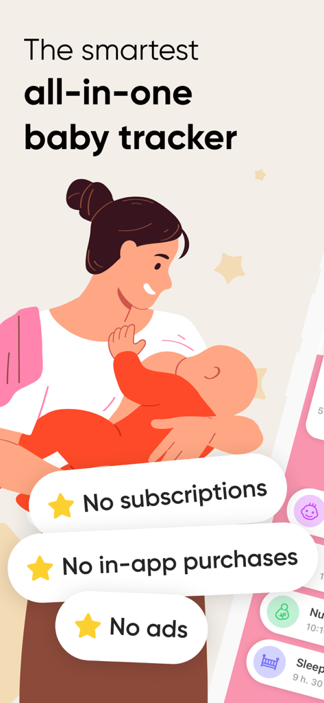 Eine Mutter hält ihr Baby auf einem App-Splashscreen, der Funktionen wie keine Abonnements, keine Werbung und keine In-App-Käufe hervorhebt.