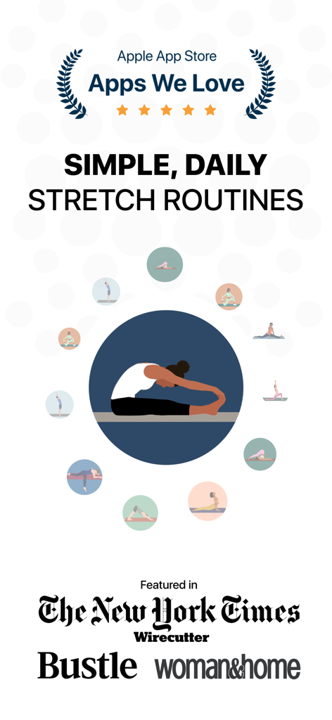Bend: Stretching & Flexibility - Pantalla promocional de la app Bend con rutinas diarias de estiramiento y menciones de prensa de The New York Times y Wirecutter