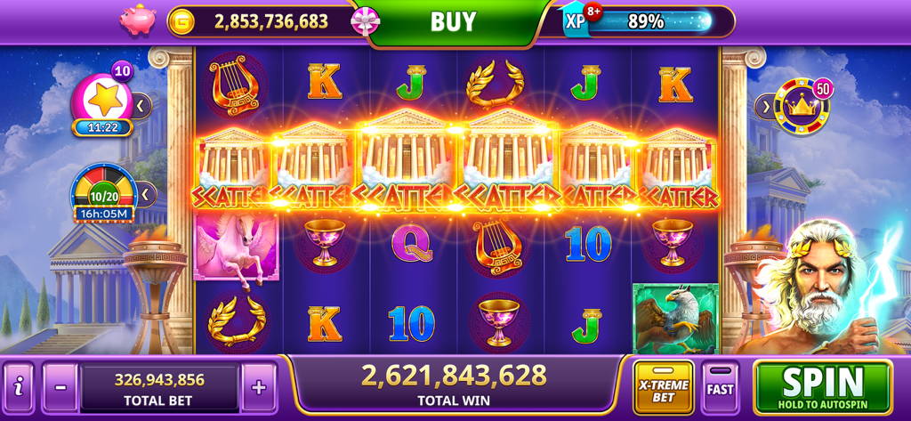 Captura de pantalla del juego de la máquina tragaperras Legend of Zeus en Gambino Casino Slots, con símbolos scatter y una gran ganancia virtual