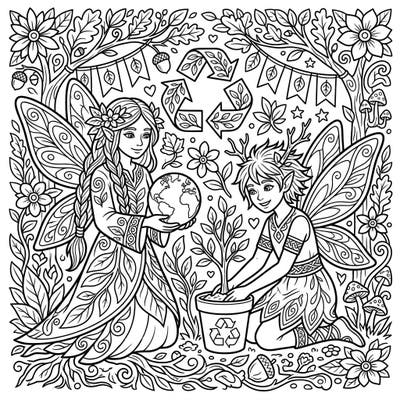 Immerse yourself in a magical world with our Celtic Fairies Earth Day coloring page, depicting these mystical beings nurturing our planet. This intricate design combines the beauty of folklore with a powerful message of environmental care, perfect for a mindful coloring session.