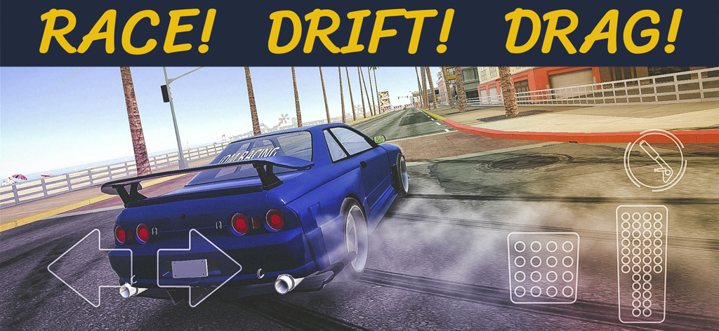 JDM Racing: Drift Car Games - A blue JDM sports car performing a drift on a coastal track with race drift and drag text overlay.