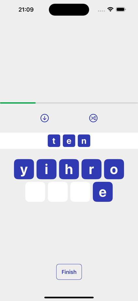 Countdown Letters & Numbers - Interfaz de la ronda de letras en la aplicación móvil Countdown que muestra fichas de letras azules sobre un fondo blanco