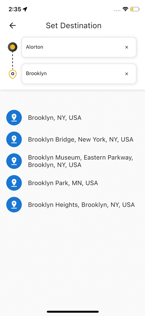 Ormuta app interface showing the destination search screen with address suggestions for Brooklyn