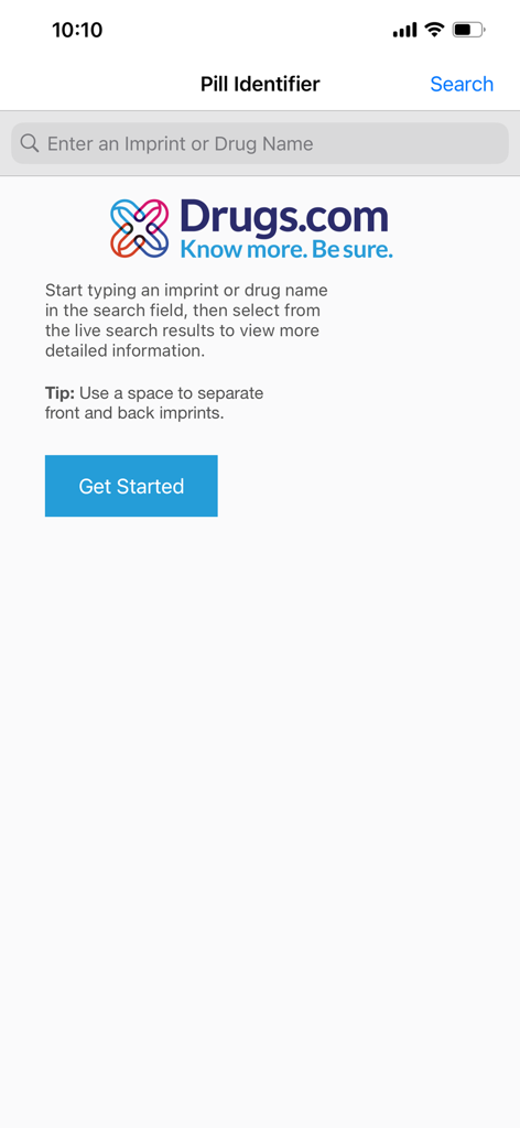 Pill Identifier by Drugs.com - Pill Identifier app search screen with Drugs.com logo and search bar