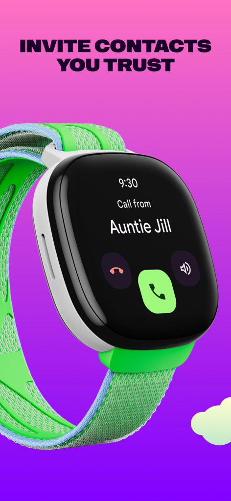 Fitbit Ace - A Fitbit Ace LTE kids smartwatch screen showing an incoming call from a trusted contact.