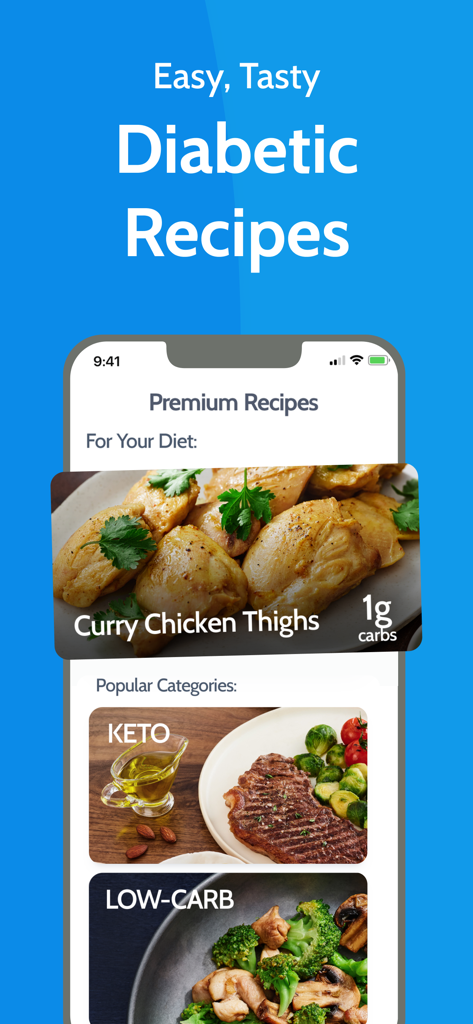 Diabetes Tracker by MyNetDiary - Pantalla de recetas para diabéticos en la aplicación MyNetDiary que muestra opciones de comidas cetogénicas y bajas en carbohidratos