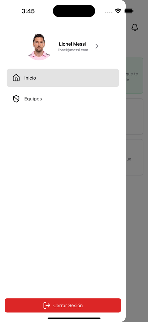 Campa - Barra lateral del perfil de usuario en la app Campa con enlaces de navegación para inicio y equipos y un botón de cierre de sesión