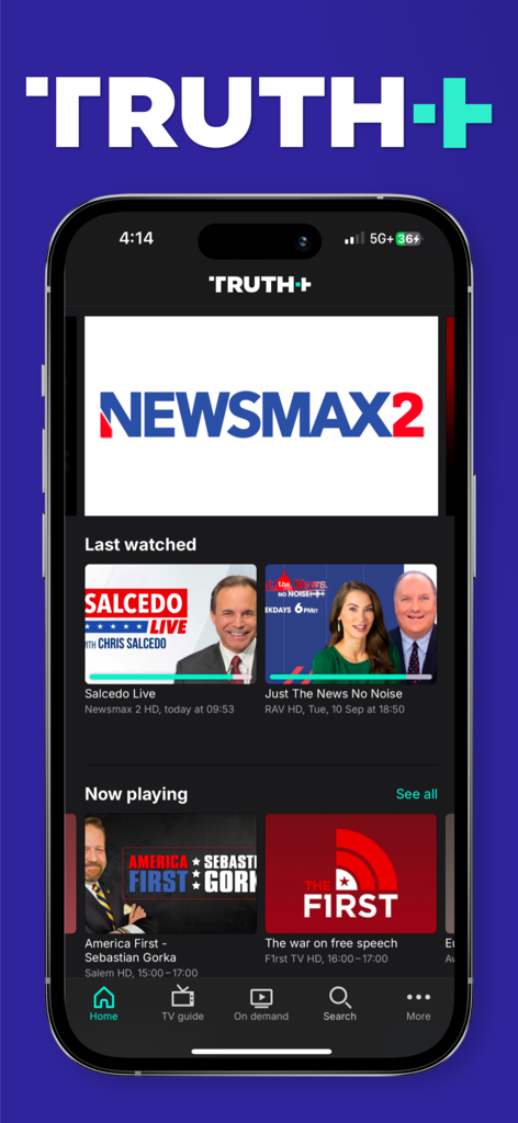 Truth+ - Truth plusアプリのホーム画面にNewsmax2を含むニュースチャンネルや番組が表示されています。