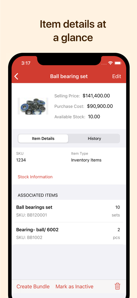 Zoho Inventory app showing product details including selling price and stock levels