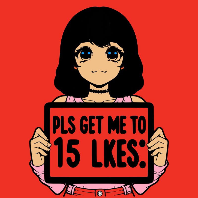realistic girl holding up a sign that says “pls get me to 15 likes!”