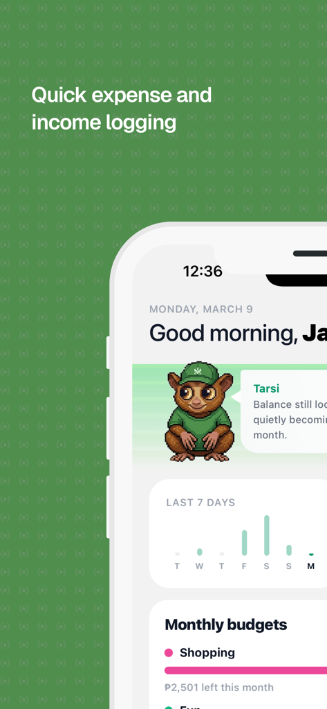 Tarsi - Budget Tracker - Tarsi budget tracker app interface featuring a tarsier mascot and monthly budget tracking.