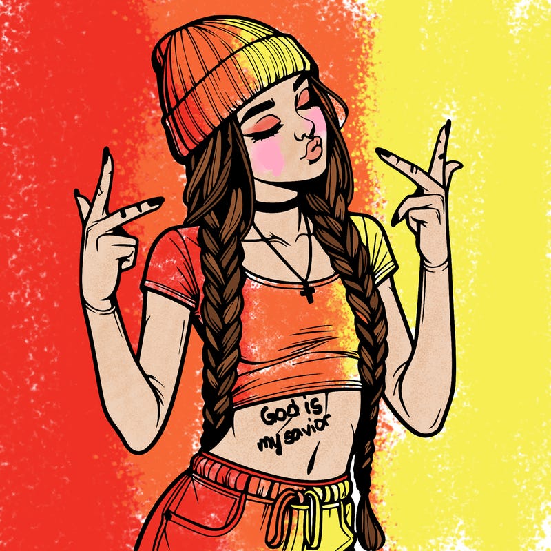 realistic teenage girl with braids and a beanie and crop top doing 🫶🏼