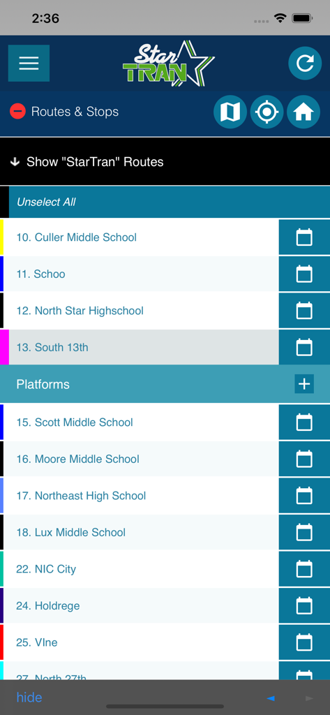 RideLNK - RideLNK app displaying a list of StarTran bus routes and schedules for Lincoln Nebraska