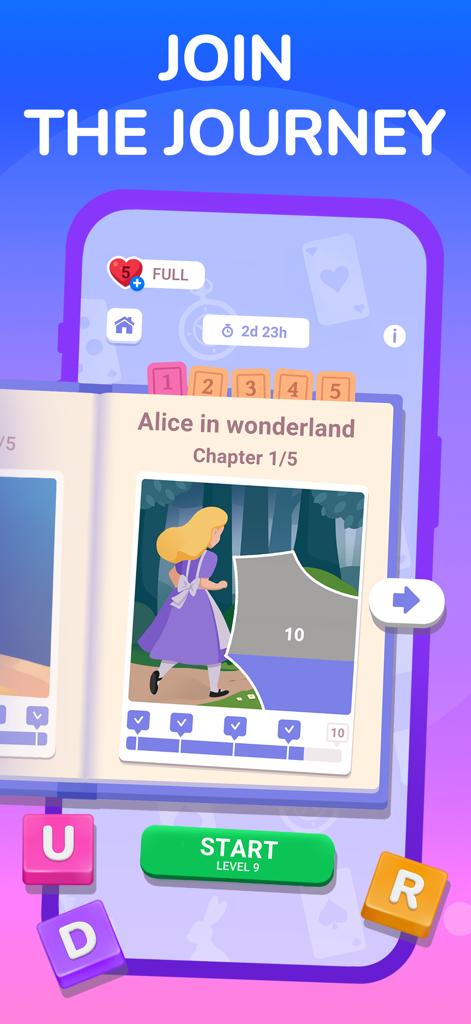 Cryptogram: Word Brain Puzzle - Pantalla del juego Cryptogram que muestra el progreso del viaje del primer capítulo de Alicia en el País de las Maravillas