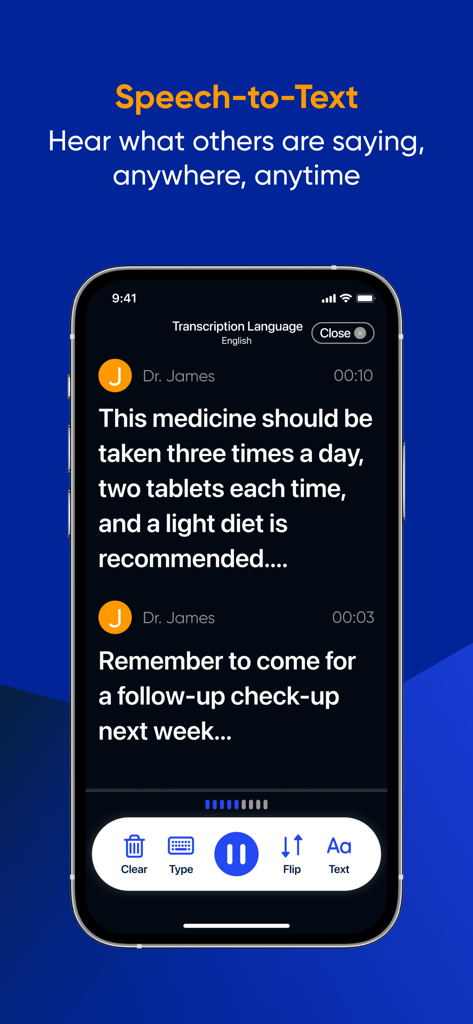 Deaf Transcribe:Speech to Text - Mobile app screen showing a real-time transcription of a doctor giving medical advice to a hearing-impaired user