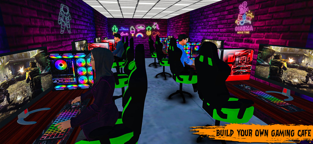 Internet Cyber Cafe Simulator - Jugadores en estaciones de PC de alta gama en un simulador de cibercafé iluminado con neón.