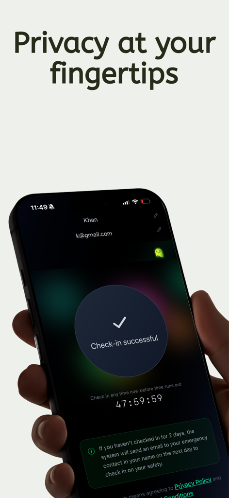 Are You Dead or Alive?! - Smartphone screen showing a successful check-in on the Are You Dead or Alive app with the headline Privacy at your fingertips