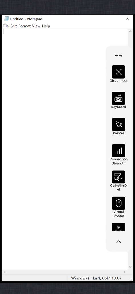 Citrix Workspace - Citrix Workspace 内の仮想 Windows メモ帳セッション。キーボードと仮想マウスのコントロールを備えたサイドバーが表示されています。