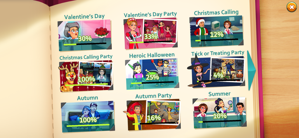 In-Game-Sammelalbumseite, die den Fortschritt bei verschiedenen saisonalen Ereignissen wie Weihnachten und Halloween zeigt.