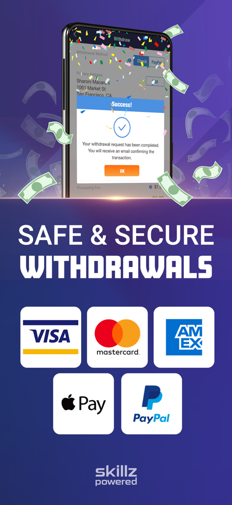 Speed Pool app interface showing safe and secure withdrawal options including credit cards Apple Pay and PayPal