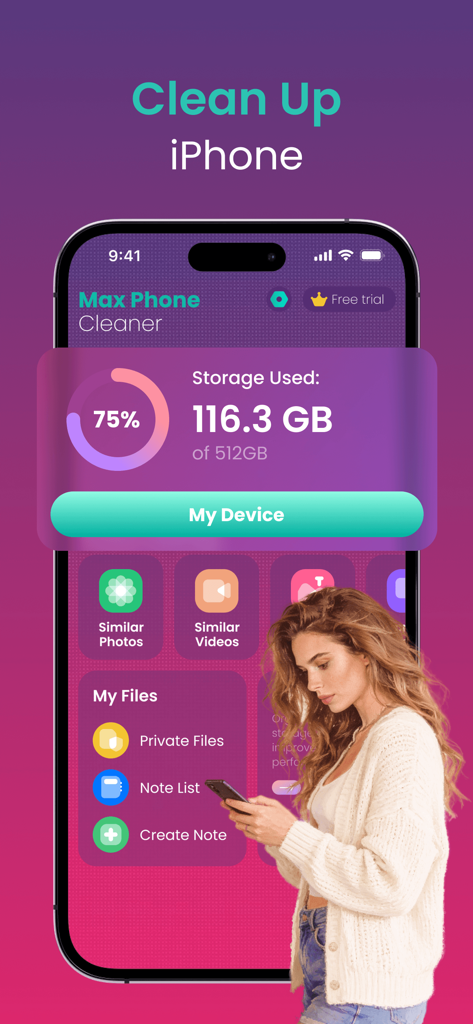 Max Cleaner app dashboard on an iPhone showing storage space used and private folders