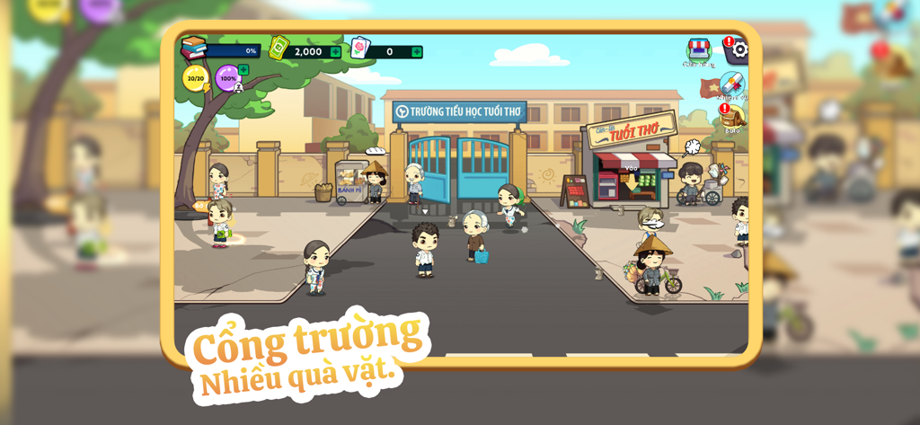 Trở Về Tuổi Thơ - Uma cena nostálgica de desenho animado de um portão de escola vietnamita com vendedores de lanches e crianças do jogo de simulação Return to Childhood.