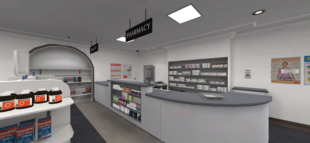 Realistische 3D-Simulation eines Apothekeninnenraums mit Medikamentenregalen und Abgabetresen