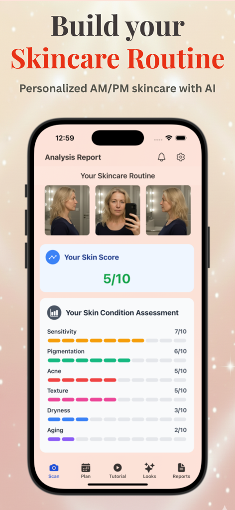 Makeup Check AI - AI Makeup - Un smartphone que muestra la interfaz de la aplicación Makeup Check AI para un análisis de rutina de cuidado de la piel personalizado, mostrando una puntuación de piel de 5 sobre 10 y métricas detalladas para sensibilidad, pigmentación, acné y textura.