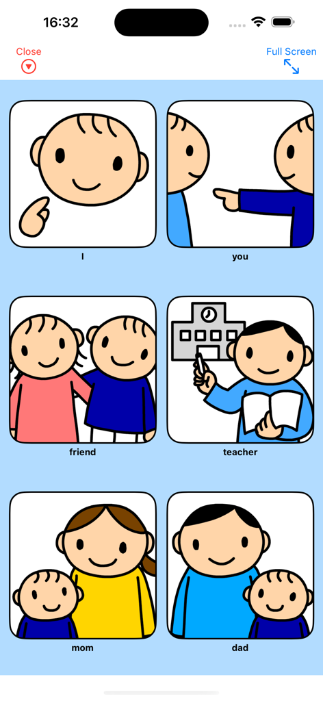 A communication board in the DropTap app showing simple icons for personal pronouns and family members including mom dad and teacher