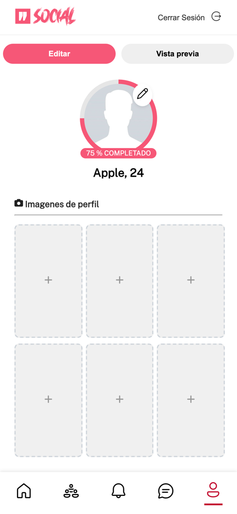 WodBuster Social - Tela de edição de perfil do usuário no aplicativo WodBuster Social mostrando preenchimento de perfil e espaços para upload de fotos