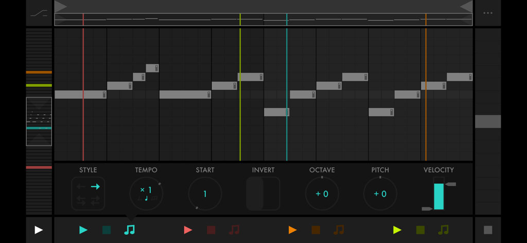 A minimalist dark interface of the Fugue Machine MIDI sequencer featuring four colored playheads on a piano roll.