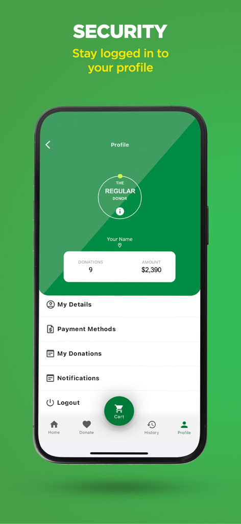 Sadaqa - Pantalla de perfil de la aplicación Sadaqa que destaca la seguridad de la cuenta y las estadísticas de donaciones
