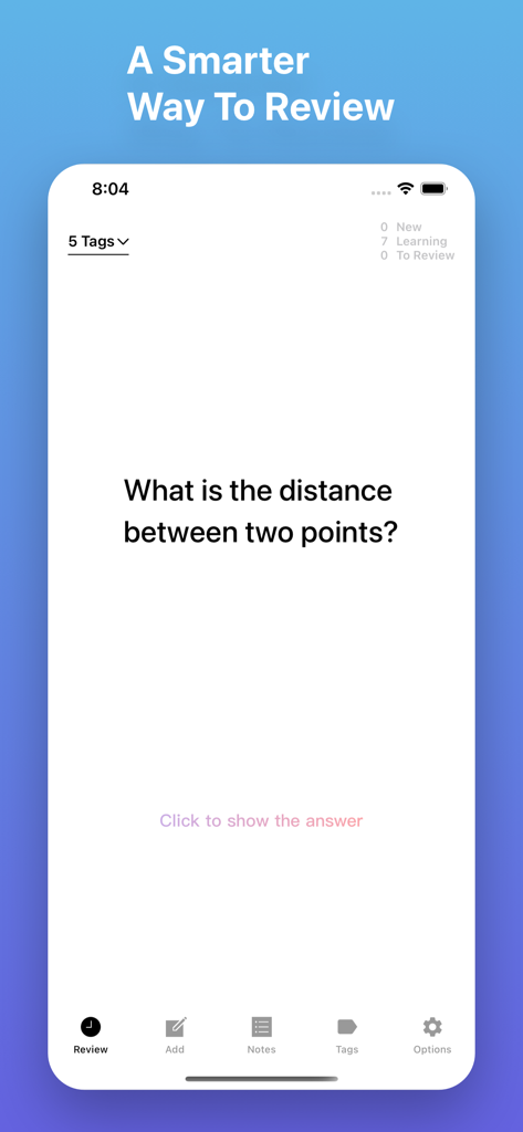Flash Cards - Flashcards Maker - Interface de revisão de flashcard mostrando uma pergunta de estudo e estatísticas de progresso.