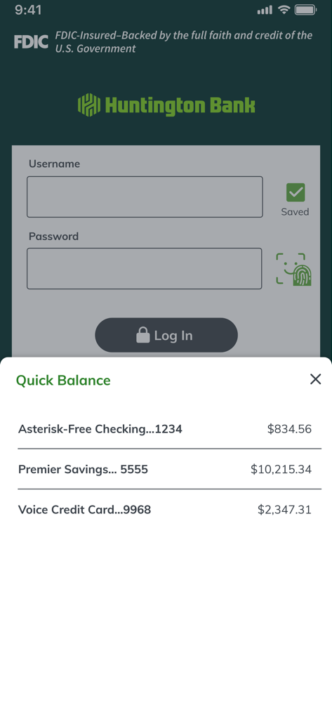 Huntington Mobile Banking - Huntington Mobile Banking login screen with a Quick Balance overlay showing checking and savings account balances.
