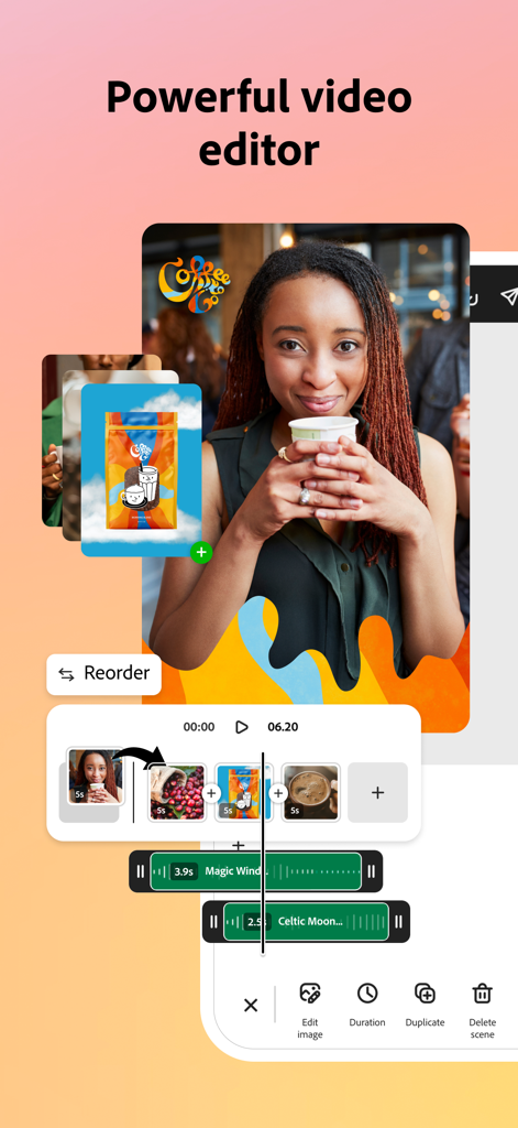Adobe Express: AI Photo, Video - Adobe Express mobile app interface showing video editing tools with a multi-track timeline and creative assets