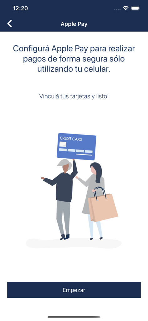 Apple Pay configuration screen in the Macro banking app showing a button to start linking cards