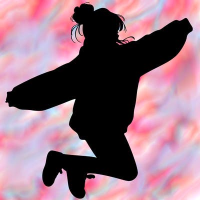 realistic girl jumping with a bun and oversized sweatshirt