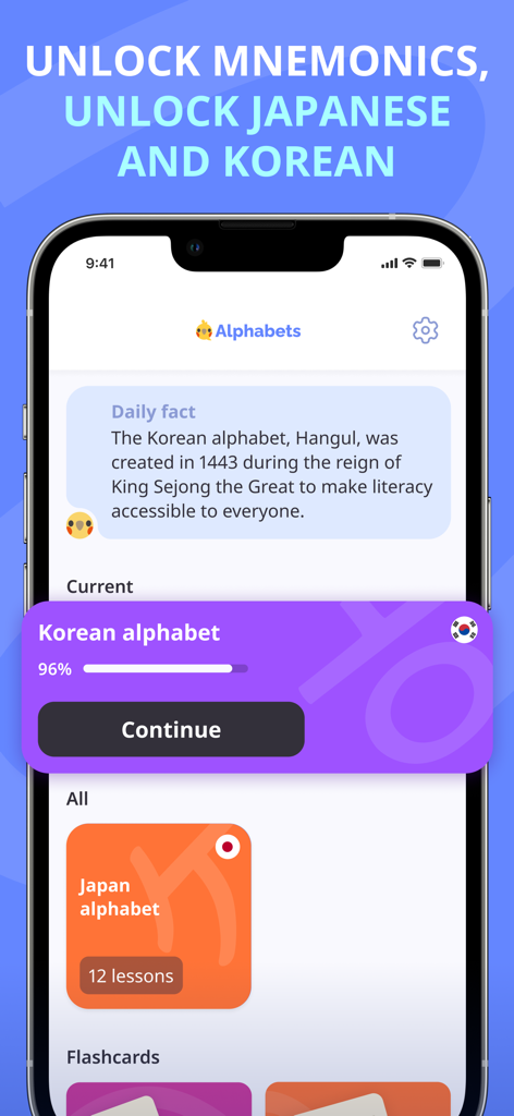 Korean and Japanese: Alfabird - Alfabird mobile app screen displaying Korean and Japanese alphabet learning progress and daily language facts