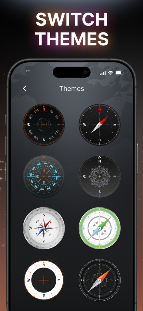 Compass & Coordinates Locator - Eine Sammlung verschiedener Kompass-Design-Themen, die in der Kompass- und Koordinaten-Locator-App verfügbar sind