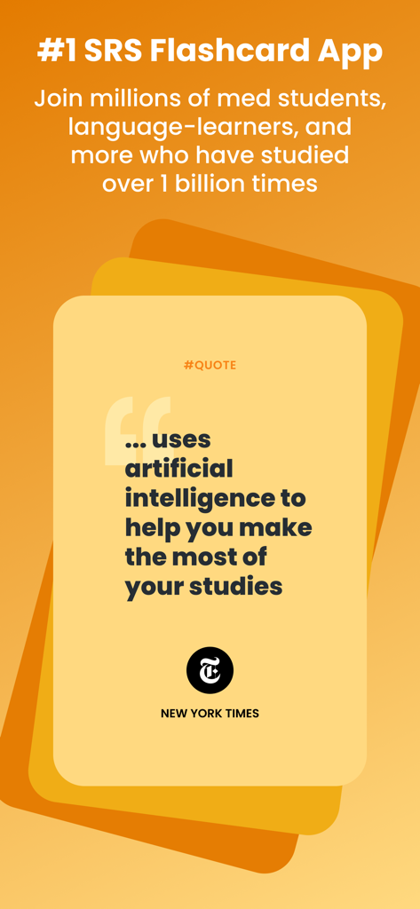 AlgoApp Flashcards - AlgoApp Flashcards app screenshot highlighting a New York Times review about using AI for studies.