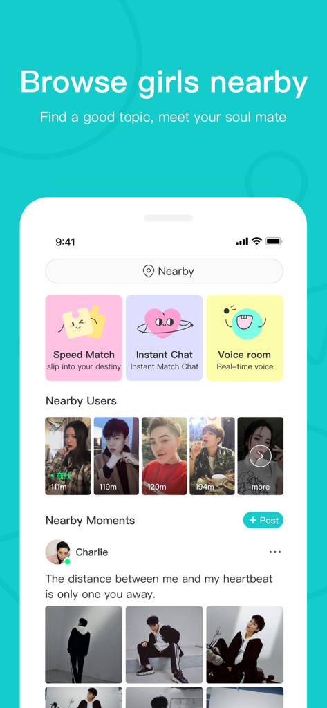 Interface of the L app showing nearby users and social moments for queer women