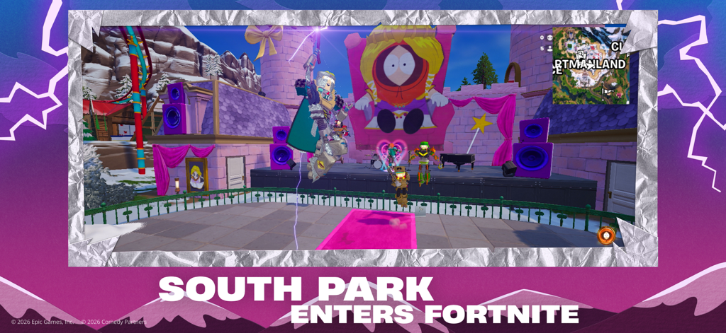 Fortnite - Una escena de juego de Fortnite con un escenario temático de South Park con el texto South Park Entra en Fortnite