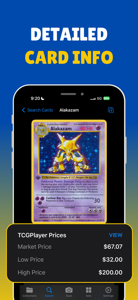 TCG - Card Scanner for Pokémon - TCG card scanner app showing detailed market prices and information for an Alakazam Pokemon card