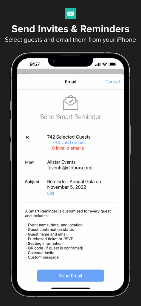Events & Guest Lists | Diobox - Interface do aplicativo Diobox mostrando a tela Enviar Lembrete Inteligente para enviar e-mails a convidados de eventos de um iPhone