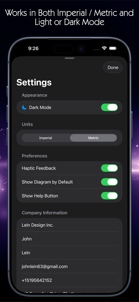 Settings screen of the Slope Calculator app showing dark mode and unit selection between imperial and metric