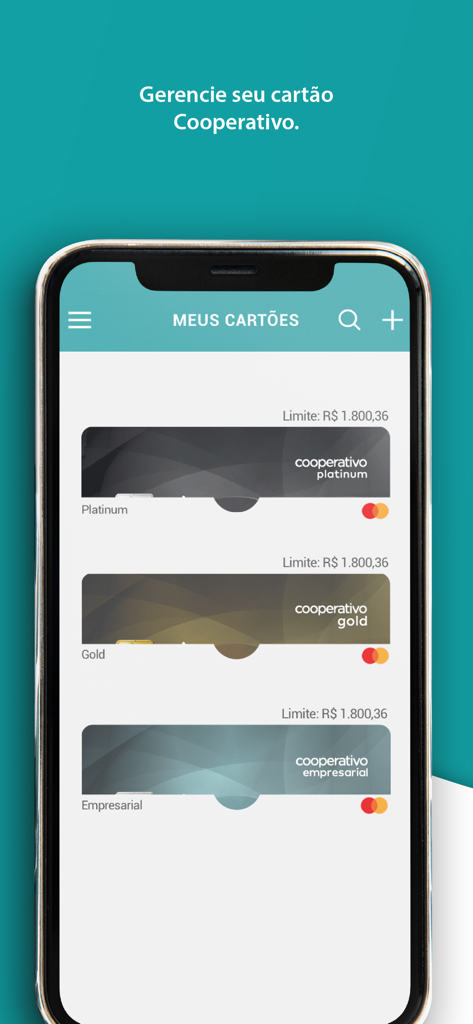 Cooperativo Cartões - Interface do aplicativo Cooperativo Cartões mostrando uma lista de cartões de crédito gerenciados
