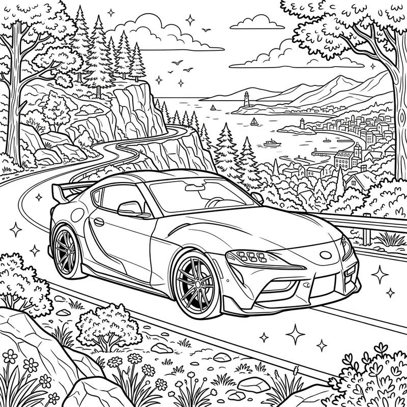 Embark on an exciting coloring journey with this detailed illustration of a sporty coupe car on a scenic coastal drive. This full-scene design offers intricate details and trendy aesthetics, perfect for creative teens.