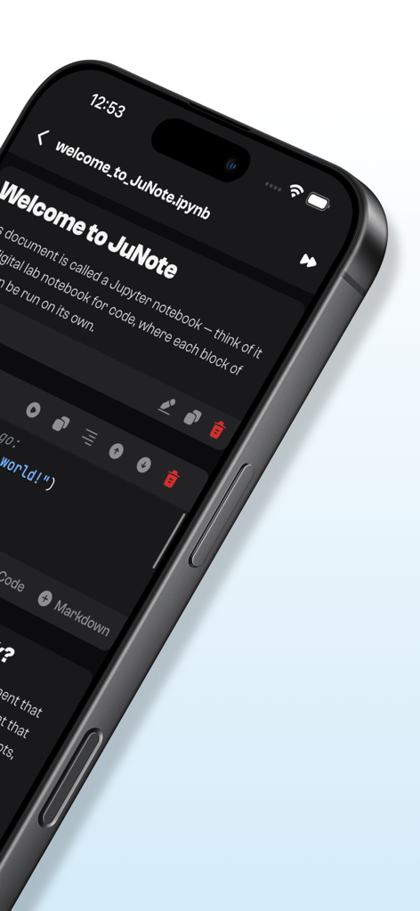JuNote app interface showing a Jupyter notebook on an iPhone with a Python code cell