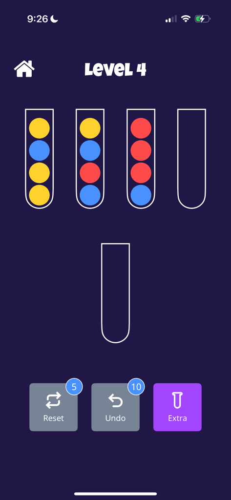 Brain Training: Logic puzzles - Gameplay screen of Brain Training Logic Puzzles app showing a ball sorting challenge with colored spheres in tubes.